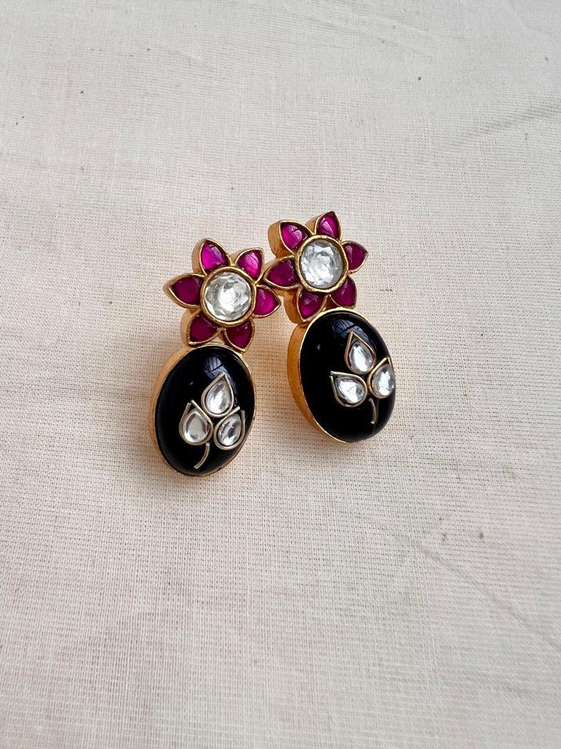 Gold polish ruby & black onyx kundan inlay work studs-Earrings-CI-House of Taamara