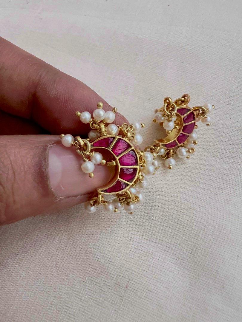Gold polish ruby chaand studs with pearls-Earrings-CI-House of Taamara