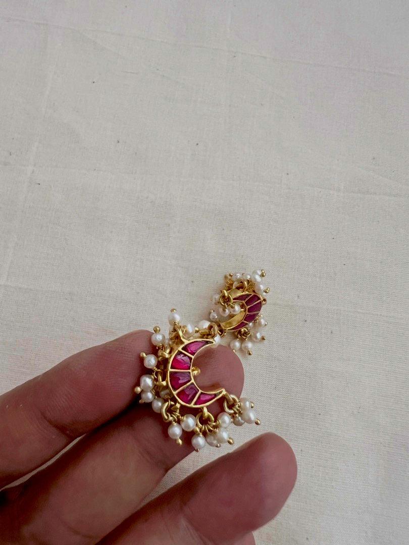 Gold polish ruby chaand studs with pearls-Earrings-CI-House of Taamara