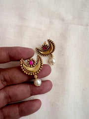 Gold polish ruby chandbali studs with pearls-Earrings-CI-House of Taamara