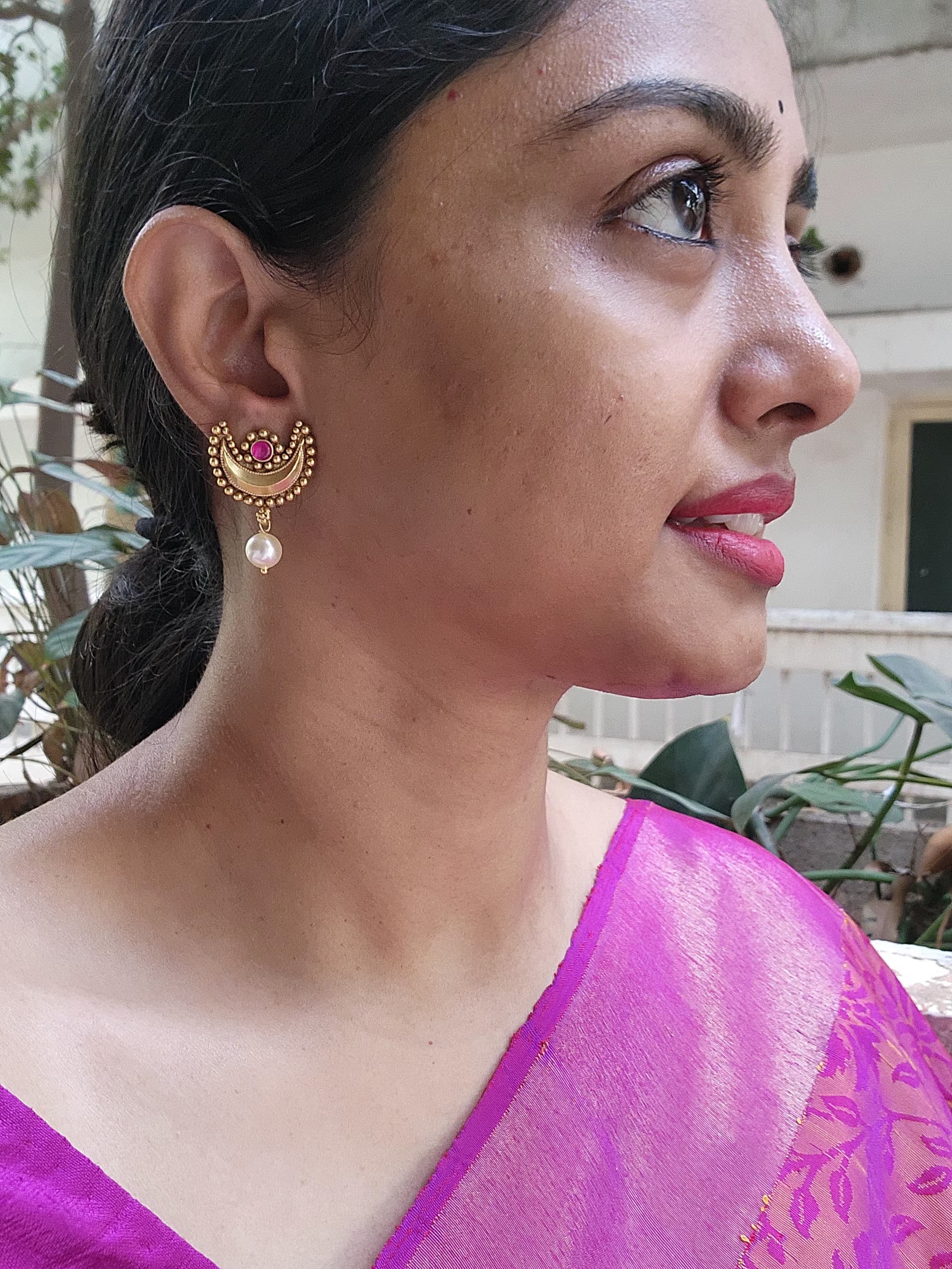 Gold polish ruby chandbali studs with pearls-Earrings-CI-House of Taamara