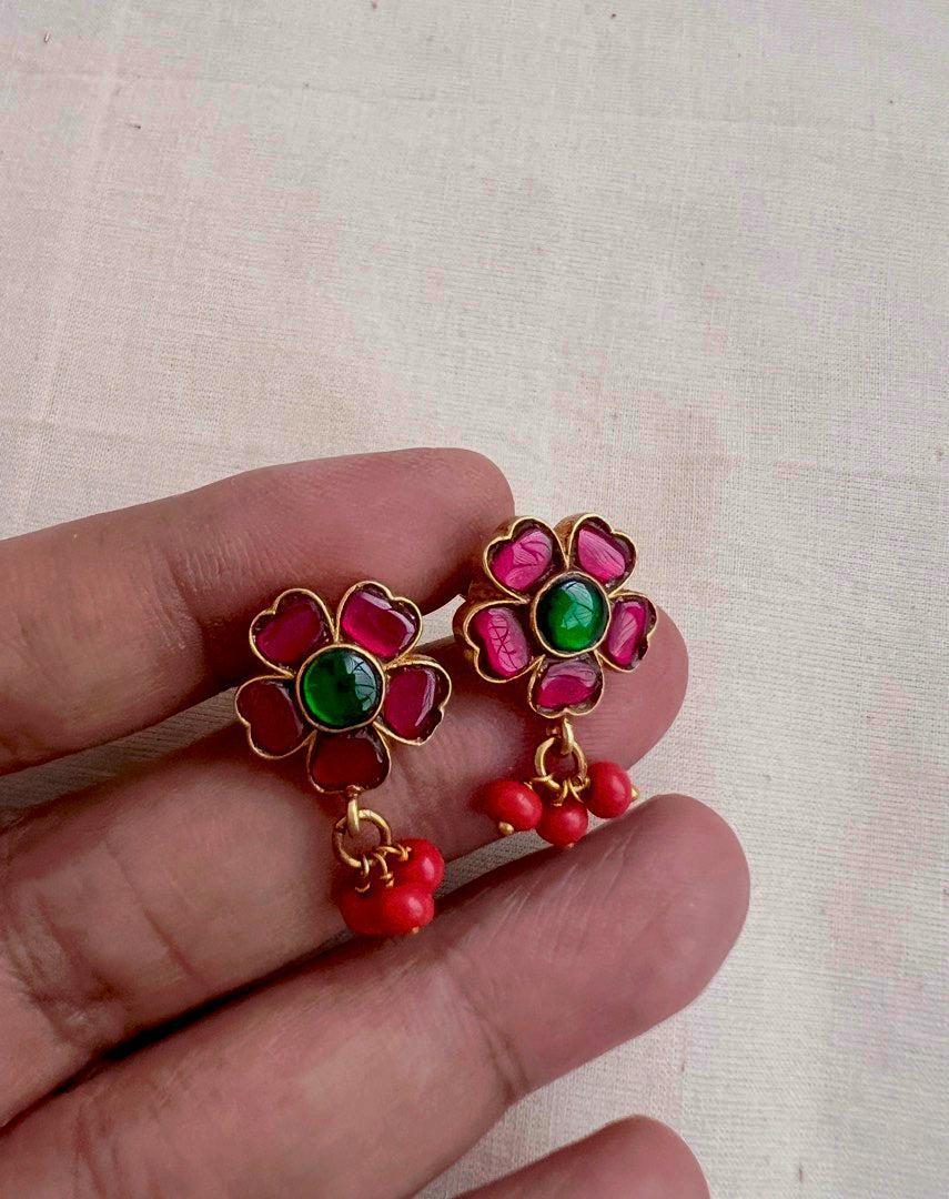 Gold polish ruby, emerald & coral studs-Earrings-CI-House of Taamara