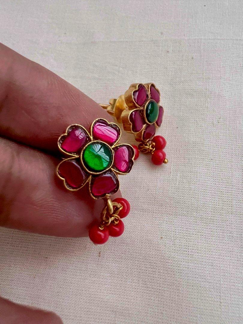 Gold polish ruby, emerald & coral studs-Earrings-CI-House of Taamara