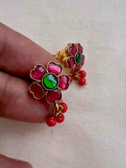 Gold polish ruby, emerald & coral studs-Earrings-CI-House of Taamara