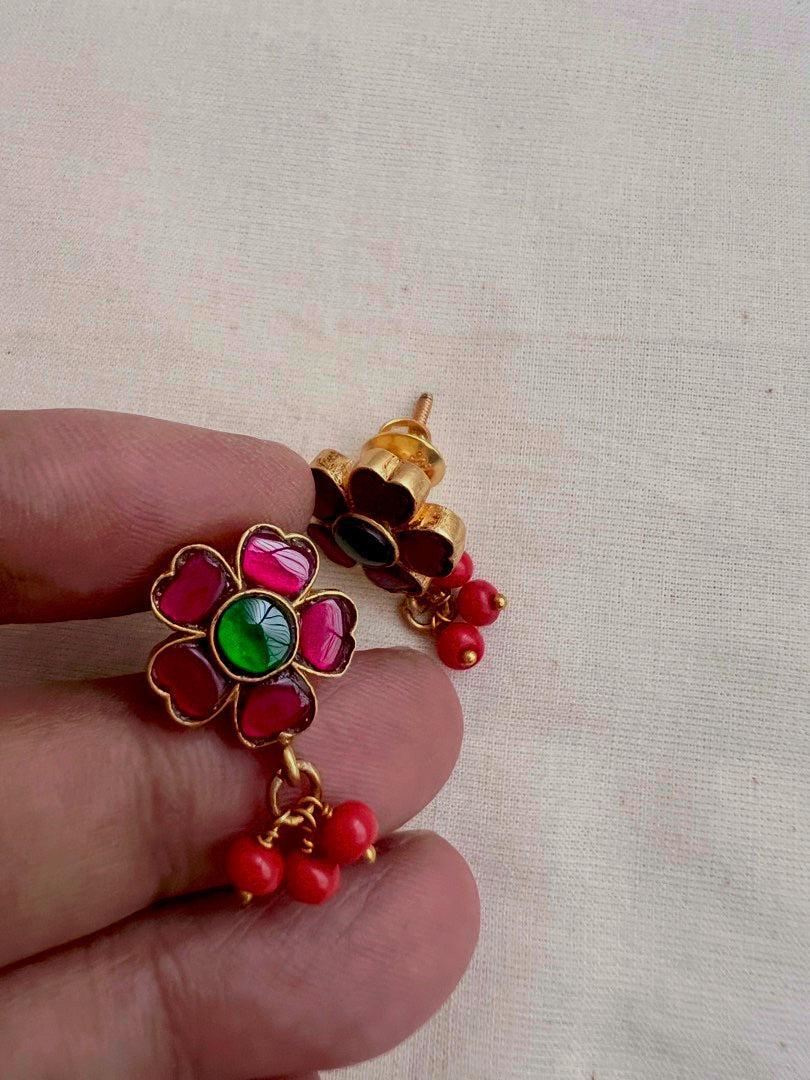 Gold polish ruby, emerald & coral studs-Earrings-CI-House of Taamara