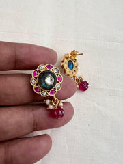 Gold polish ruby & emerald earrings with labradorite kundan inlay work-Earrings-CI-House of Taamara