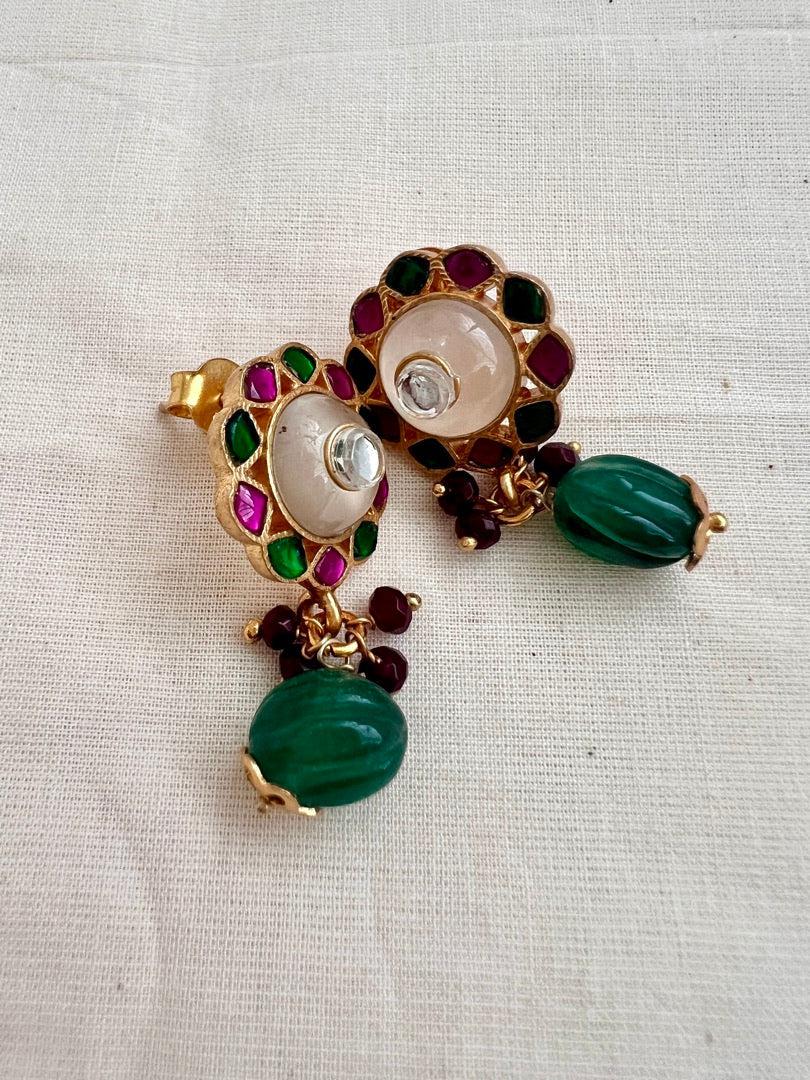 Gold polish ruby & emerald earrings with rose quartz kundan inlay work-Earrings-CI-House of Taamara