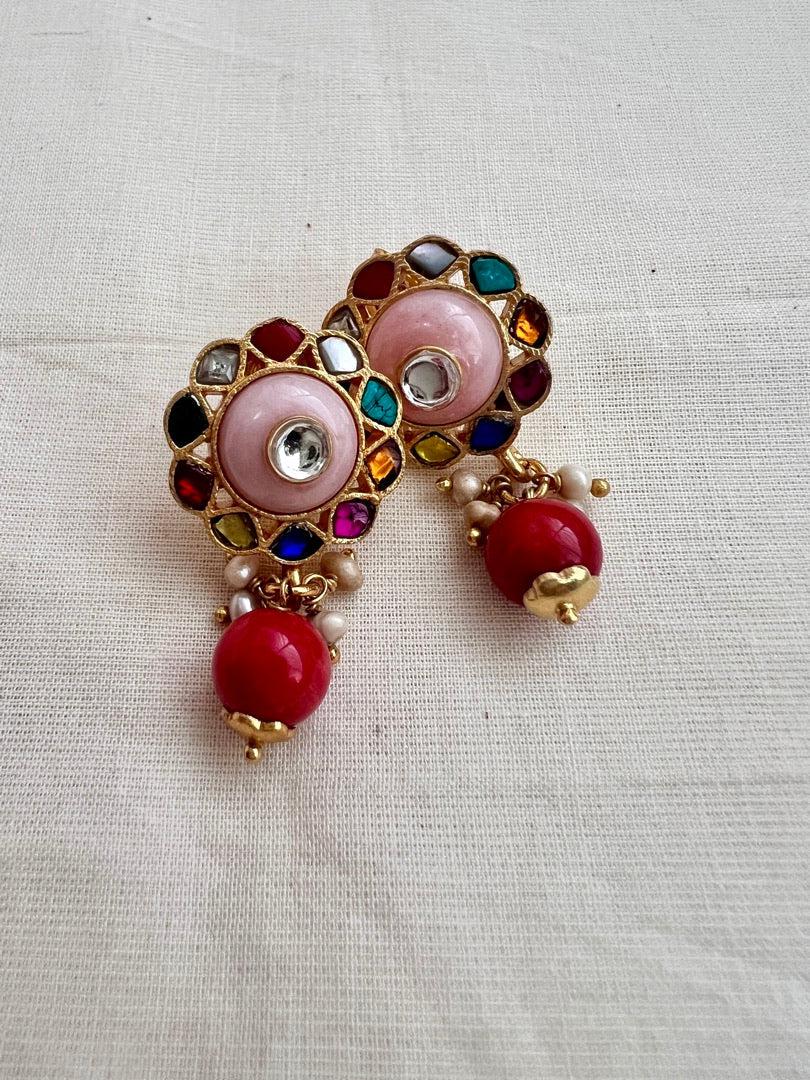 Gold polish ruby & emerald earrings with rose quartz kundan inlay work-Earrings-CI-House of Taamara