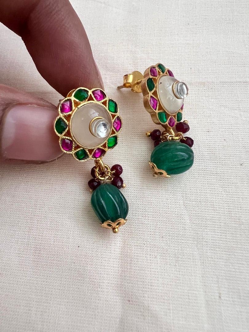 Gold polish ruby & emerald earrings with rose quartz kundan inlay work-Earrings-CI-House of Taamara