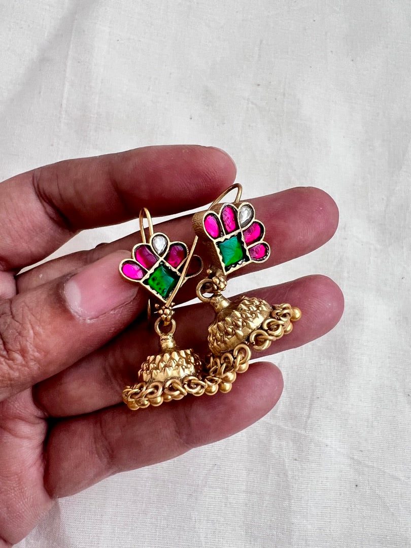 Gold polish ruby & emerald jhumkas-Earrings-CI-House of Taamara