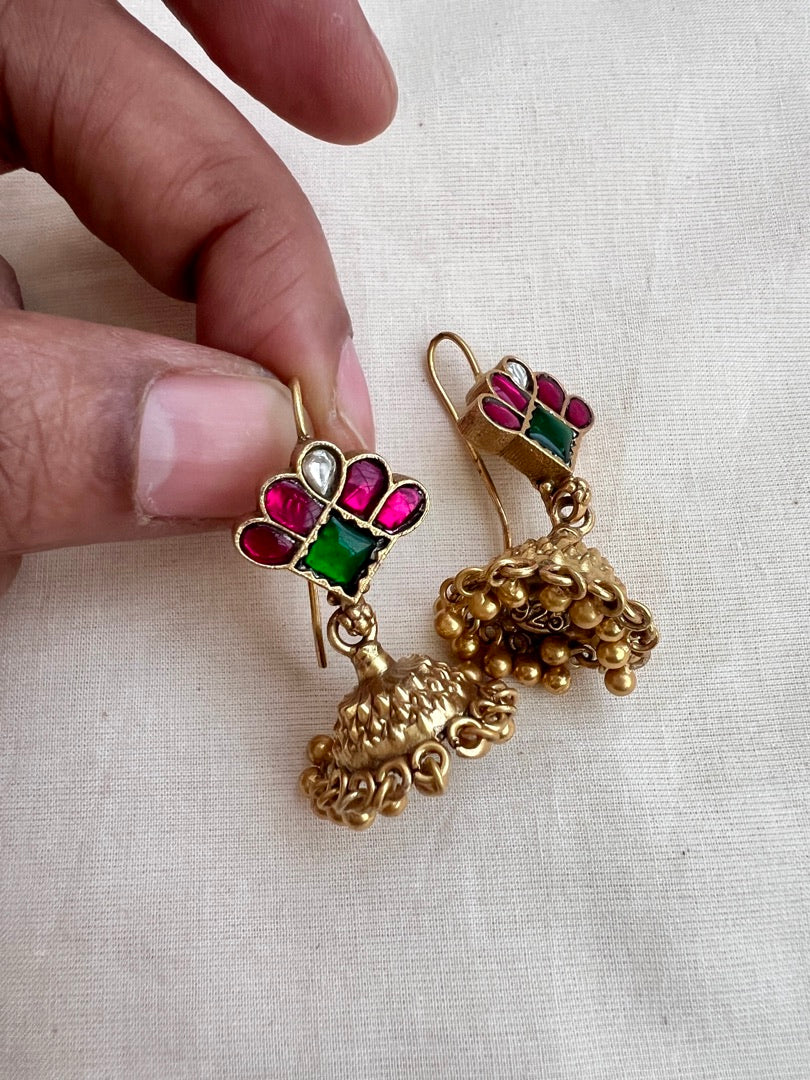 Gold polish ruby & emerald jhumkas-Earrings-CI-House of Taamara