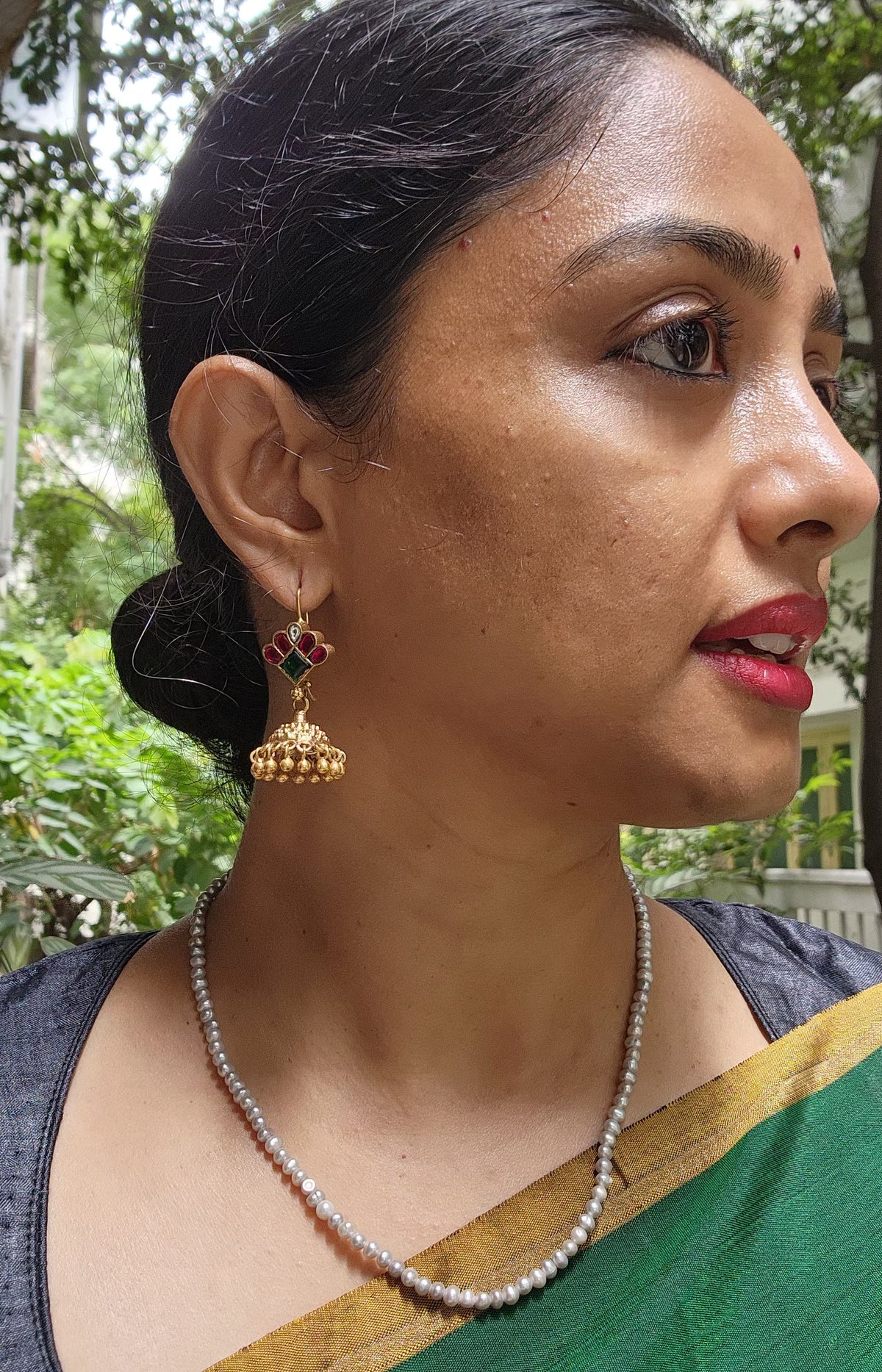 Gold polish ruby & emerald jhumkas-Earrings-CI-House of Taamara