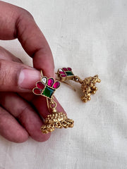 Gold polish ruby & emerald jhumkas-Earrings-CI-House of Taamara