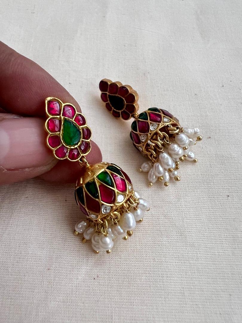 Gold polish ruby & emerald jhumkas with pearls-Earrings-CI-House of Taamara