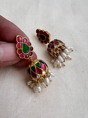 Gold polish ruby & emerald jhumkas with pearls-Earrings-CI-House of Taamara