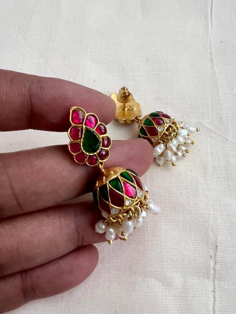 Gold polish ruby & emerald jhumkas with pearls-Earrings-CI-House of Taamara