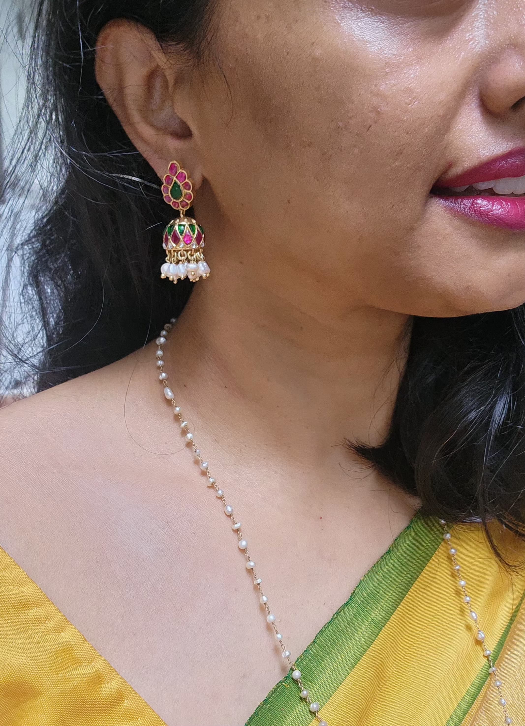 Gold polish ruby & emerald jhumkas with pearls-Earrings-CI-House of Taamara