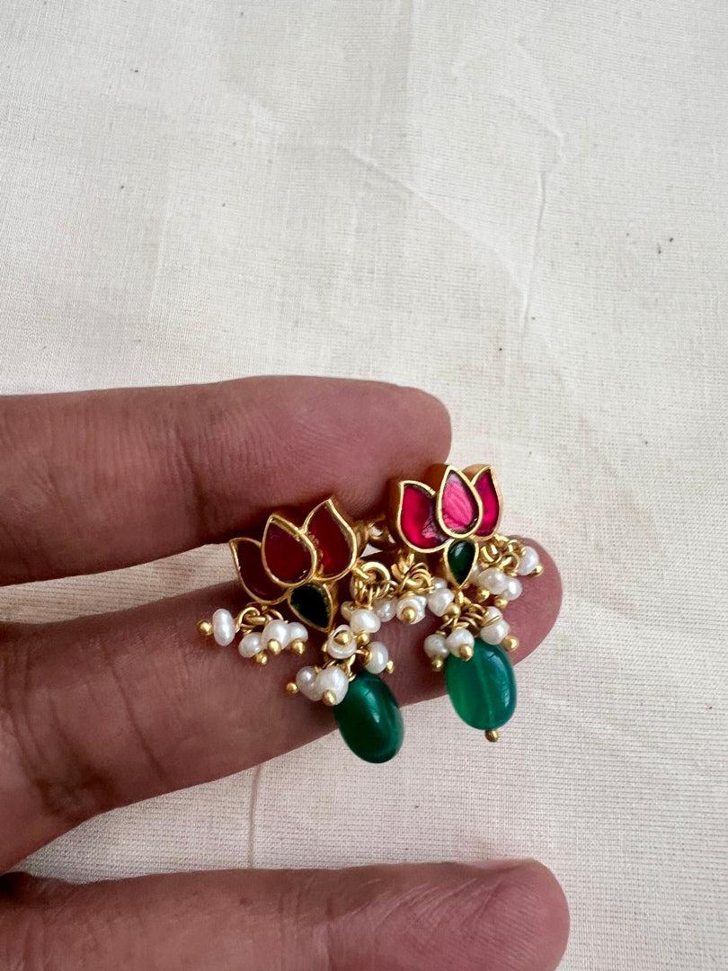 Gold polish ruby & emerald lotus studs with pearls-Earrings-CI-House of Taamara