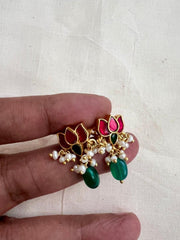 Gold polish ruby & emerald lotus studs with pearls-Earrings-CI-House of Taamara