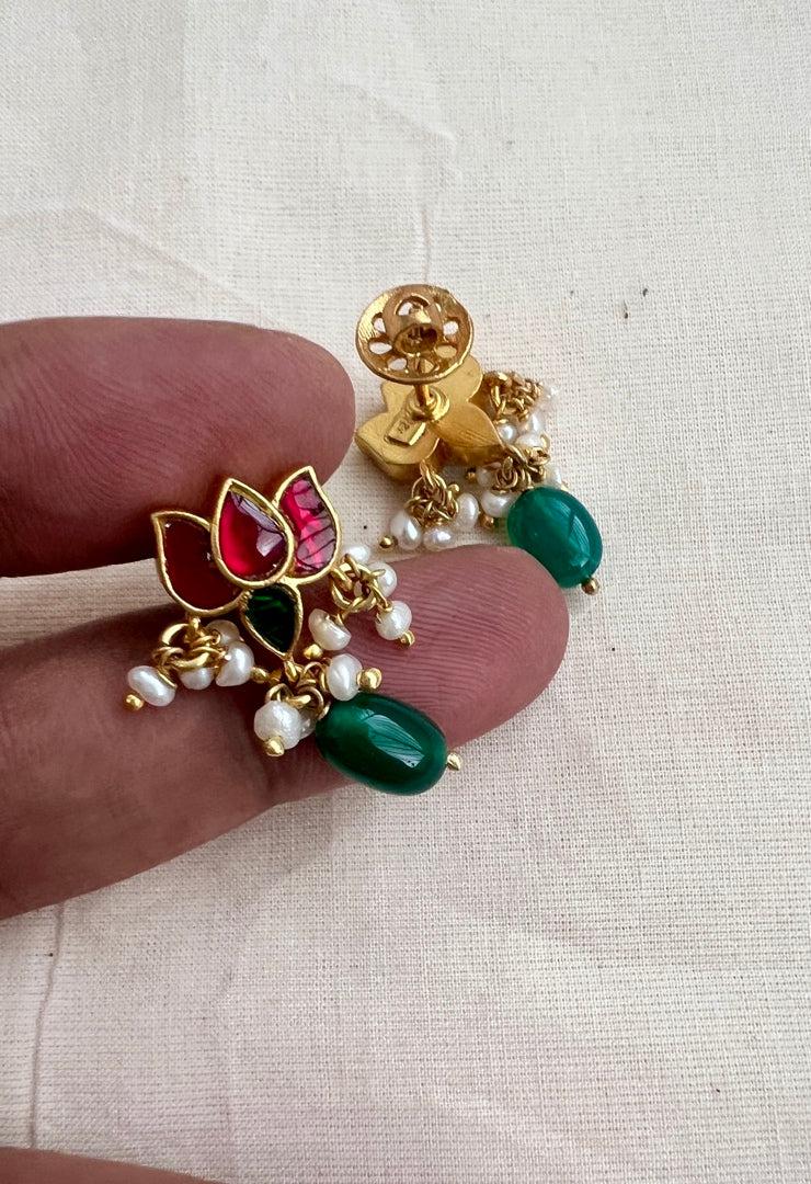 Gold polish ruby & emerald lotus studs with pearls-Earrings-CI-House of Taamara