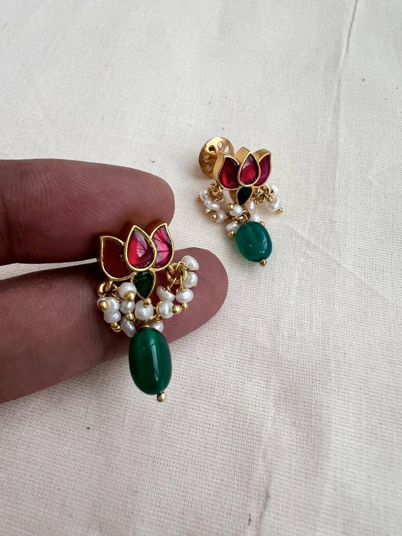 Gold polish ruby & emerald lotus studs with pearls-Earrings-CI-House of Taamara