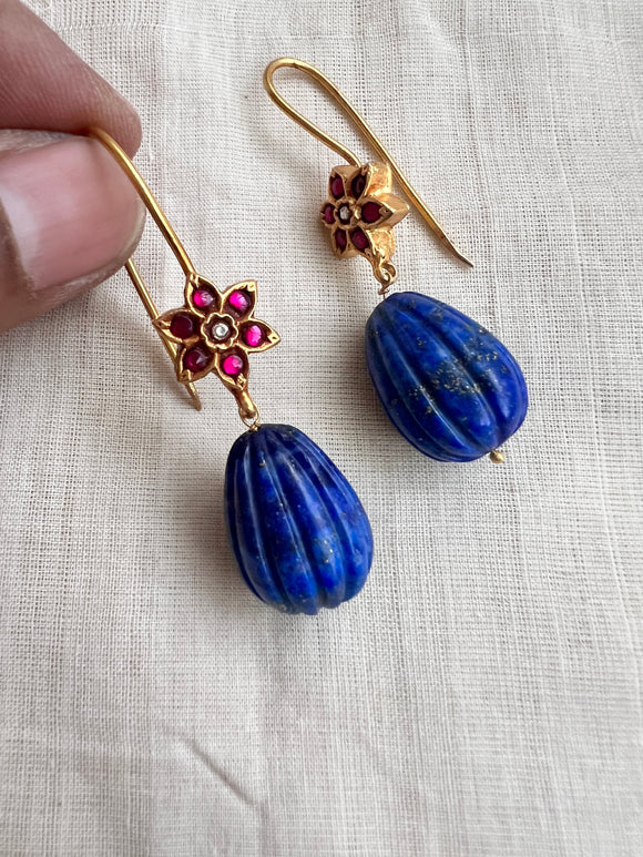 Gold polish ruby flower studs with blue lapiz carved bead-Earrings-CI-House of Taamara