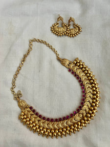 Gold polish ruby & gundu beads necklace set with earrings-Silver Neckpiece-CI-House of Taamara