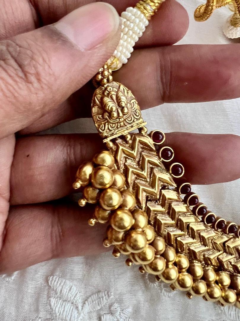 Gold polish ruby necklace with kundan, ruby & emerald peacock-Silver Neckpiece-CI-House of Taamara