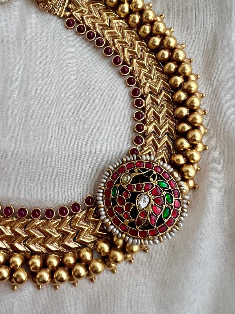 Gold polish ruby necklace with kundan, ruby & emerald peacock-Silver Neckpiece-CI-House of Taamara