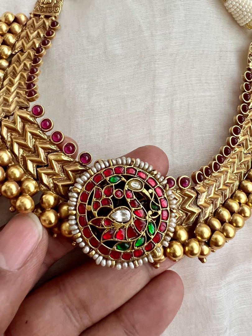 Gold polish ruby necklace with kundan, ruby & emerald peacock-Silver Neckpiece-CI-House of Taamara