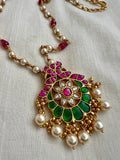 Gold polish ruby & pearl beads chain with kundan, ruby and emerald pendant-Silver Neckpiece-CI-House of Taamara