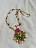 Gold polish ruby & pearl beads chain with kundan, ruby and emerald pendant-Silver Neckpiece-CI-House of Taamara