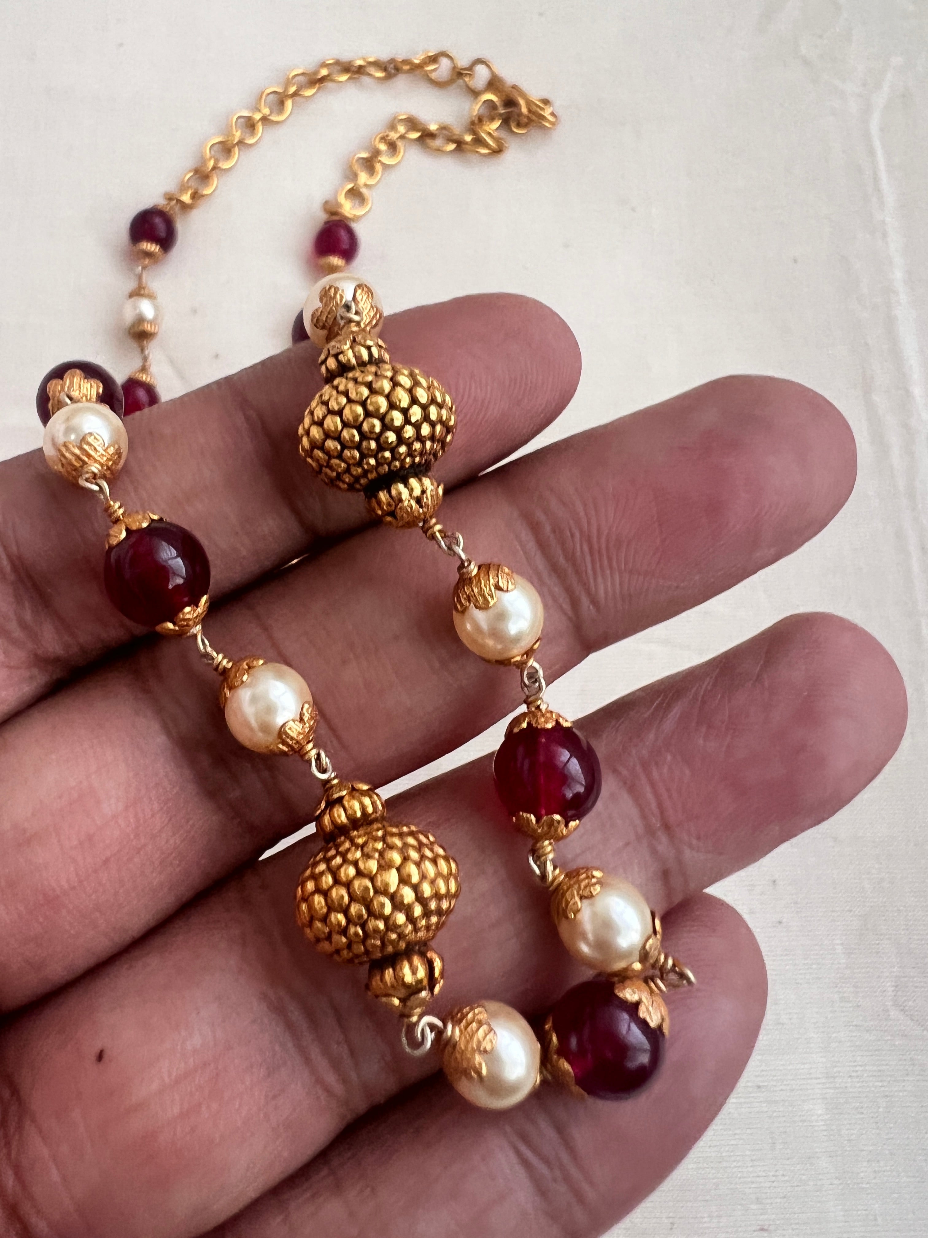 Gold polish ruby & pearls bead chain-Silver Neckpiece-CI-House of Taamara