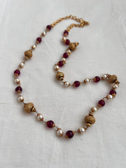 Gold polish ruby & pearls bead chain-Silver Neckpiece-CI-House of Taamara