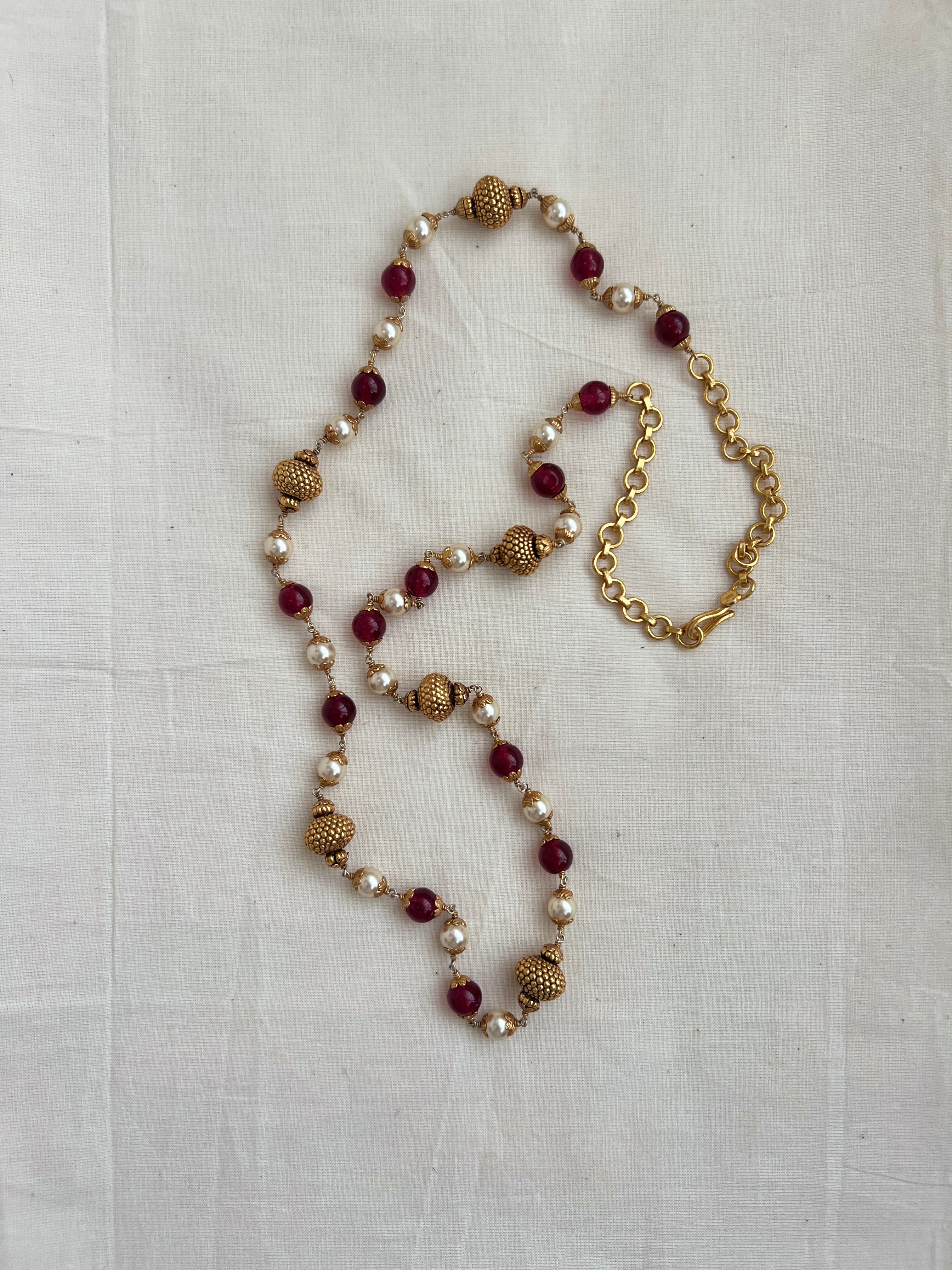 Gold polish ruby & pearls bead chain-Silver Neckpiece-CI-House of Taamara