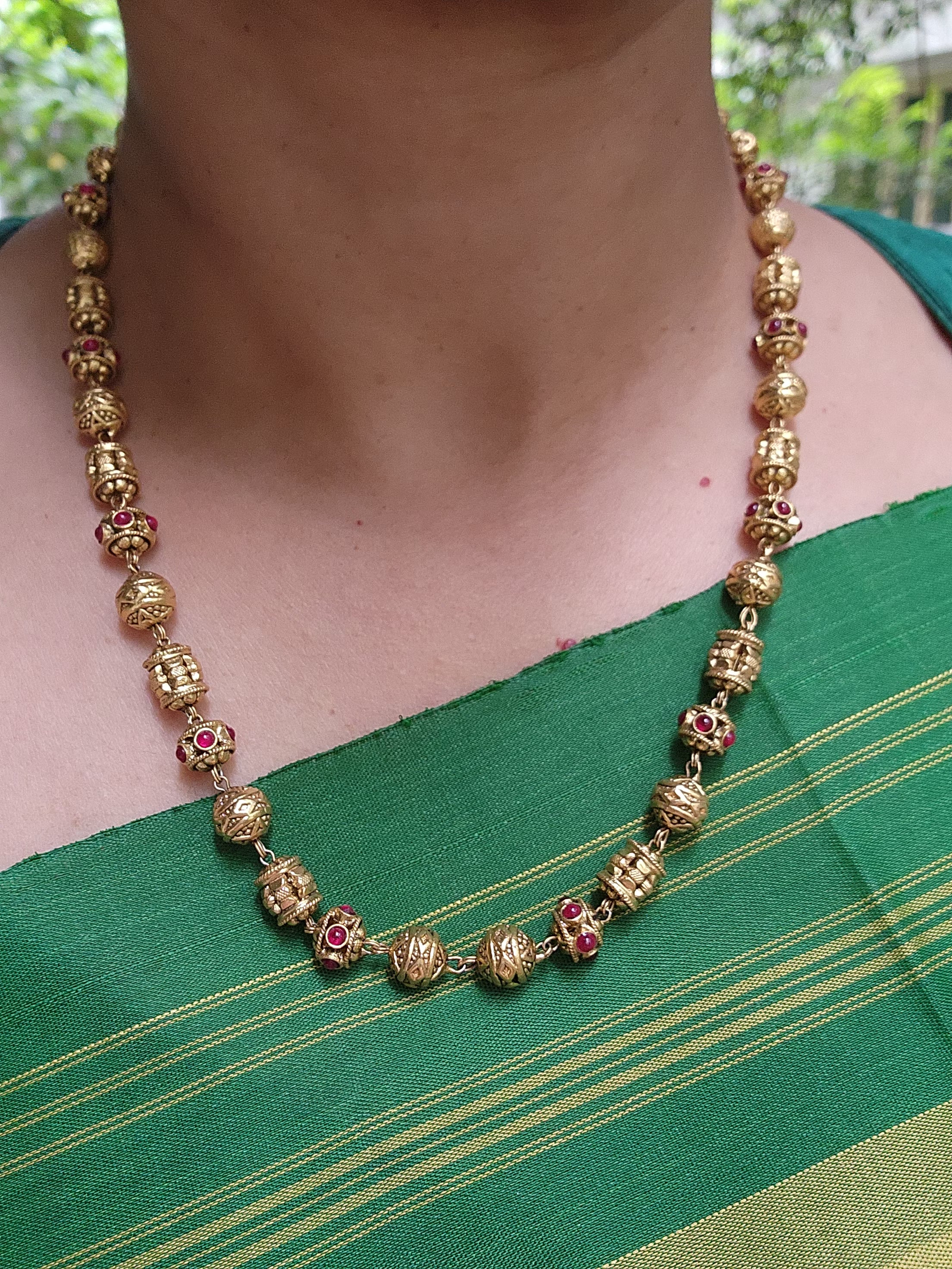 Gold polish ruby stone with nakash work beads chain-Silver Neckpiece-CI-House of Taamara