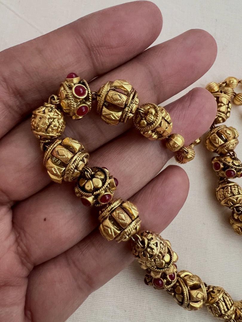 Gold polish ruby stone with nakash work beads chain-Silver Neckpiece-CI-House of Taamara