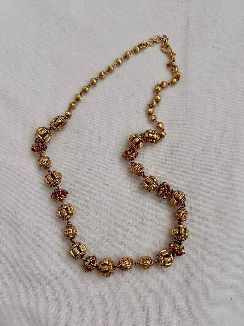 Gold polish ruby stone with nakash work beads chain-Silver Neckpiece-CI-House of Taamara