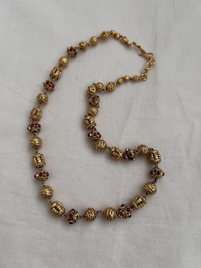 Gold polish ruby stone with nakash work beads chain-Silver Neckpiece-CI-House of Taamara