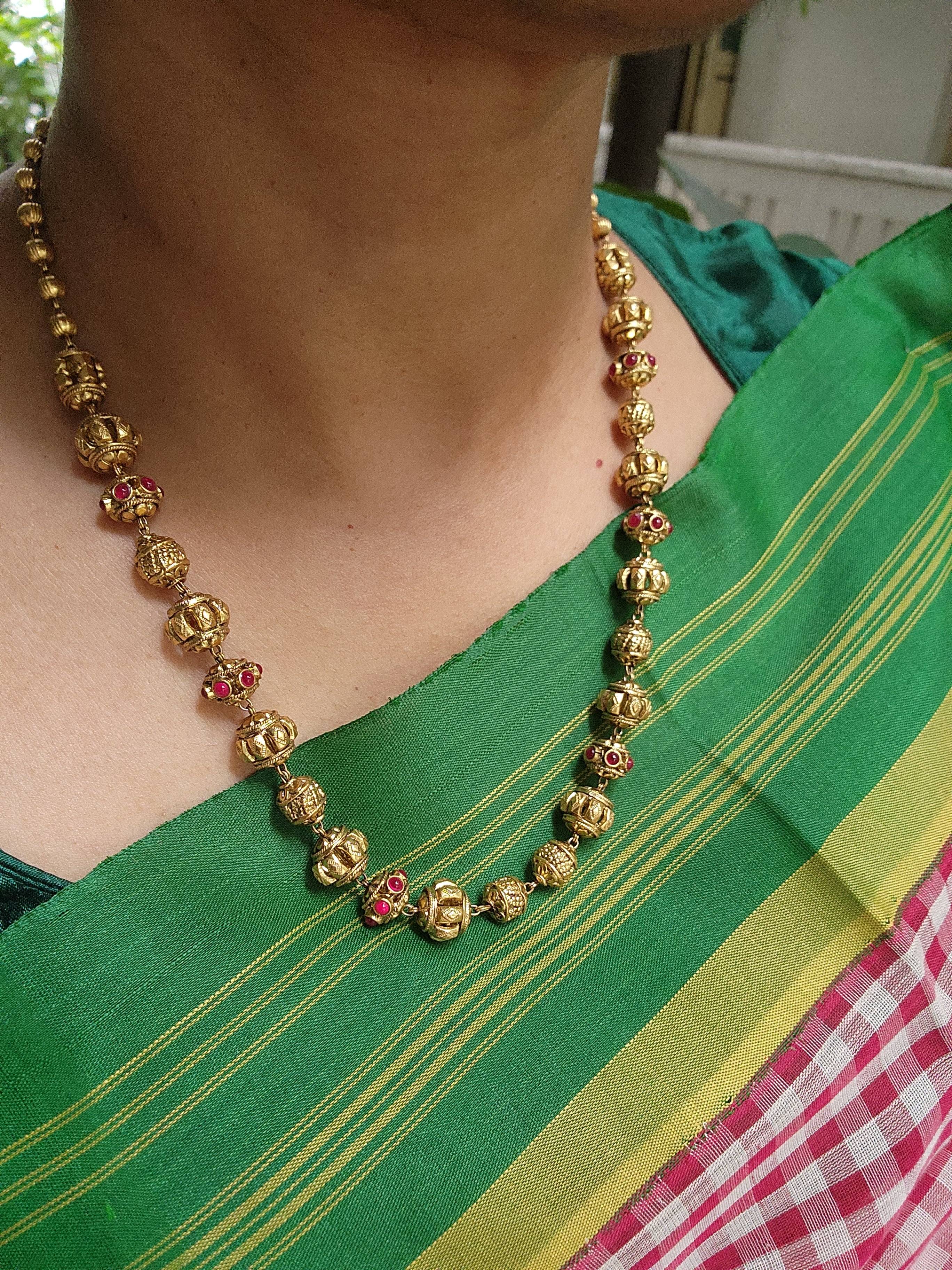 Gold polish ruby stone with nakash work beads chain-Silver Neckpiece-CI-House of Taamara