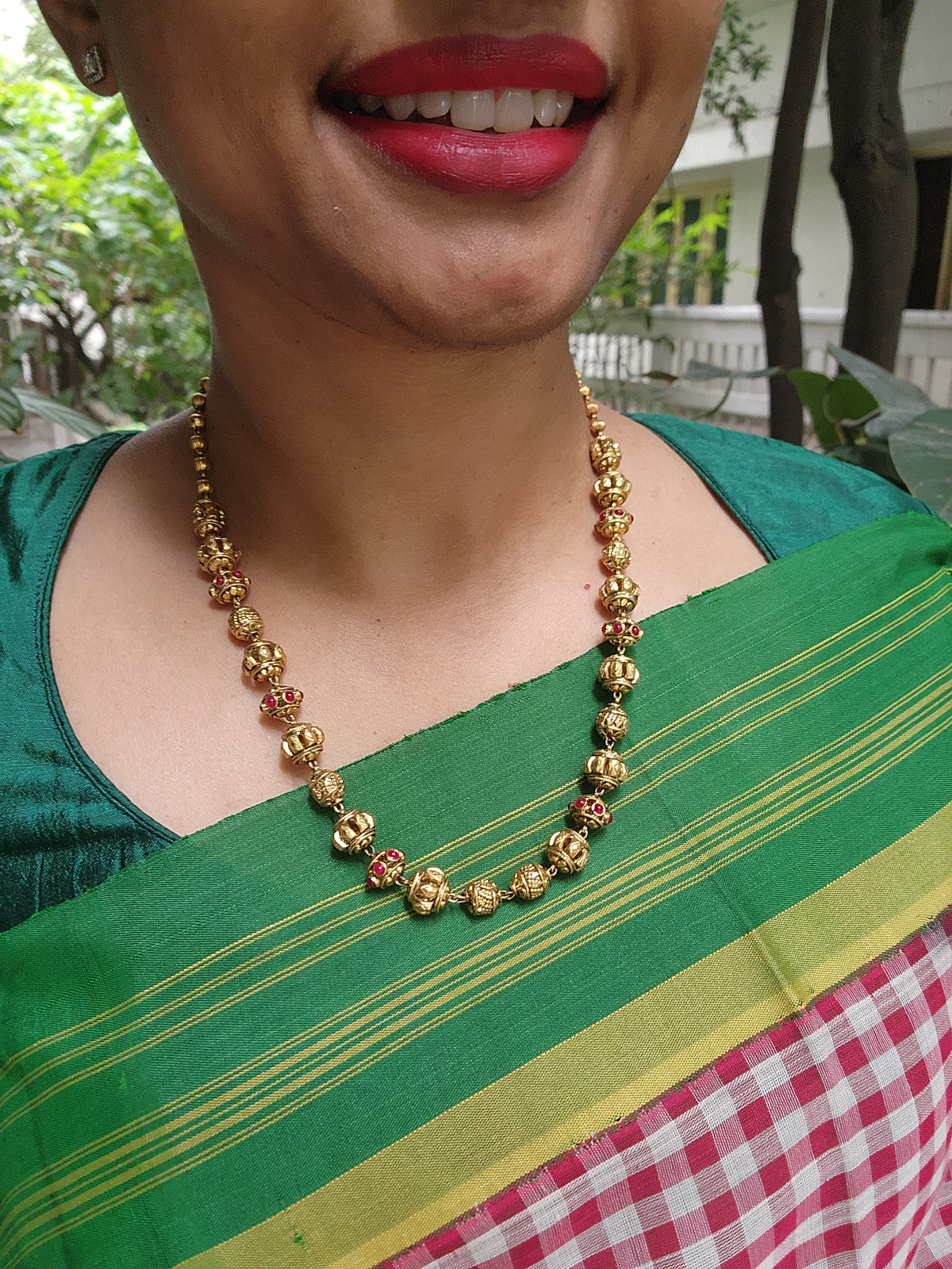 Gold polish ruby stone with nakash work beads chain-Silver Neckpiece-CI-House of Taamara