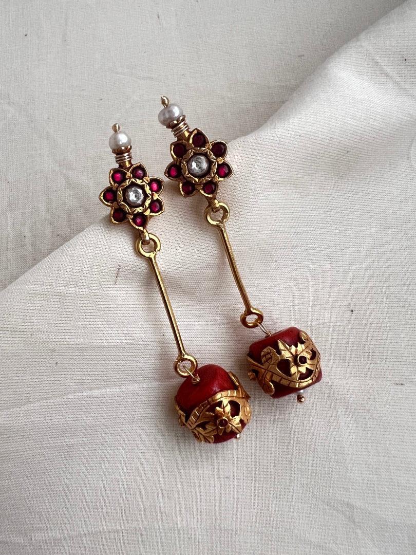 Gold polish ruby stud with coral bead hangings-Earrings-CI-House of Taamara