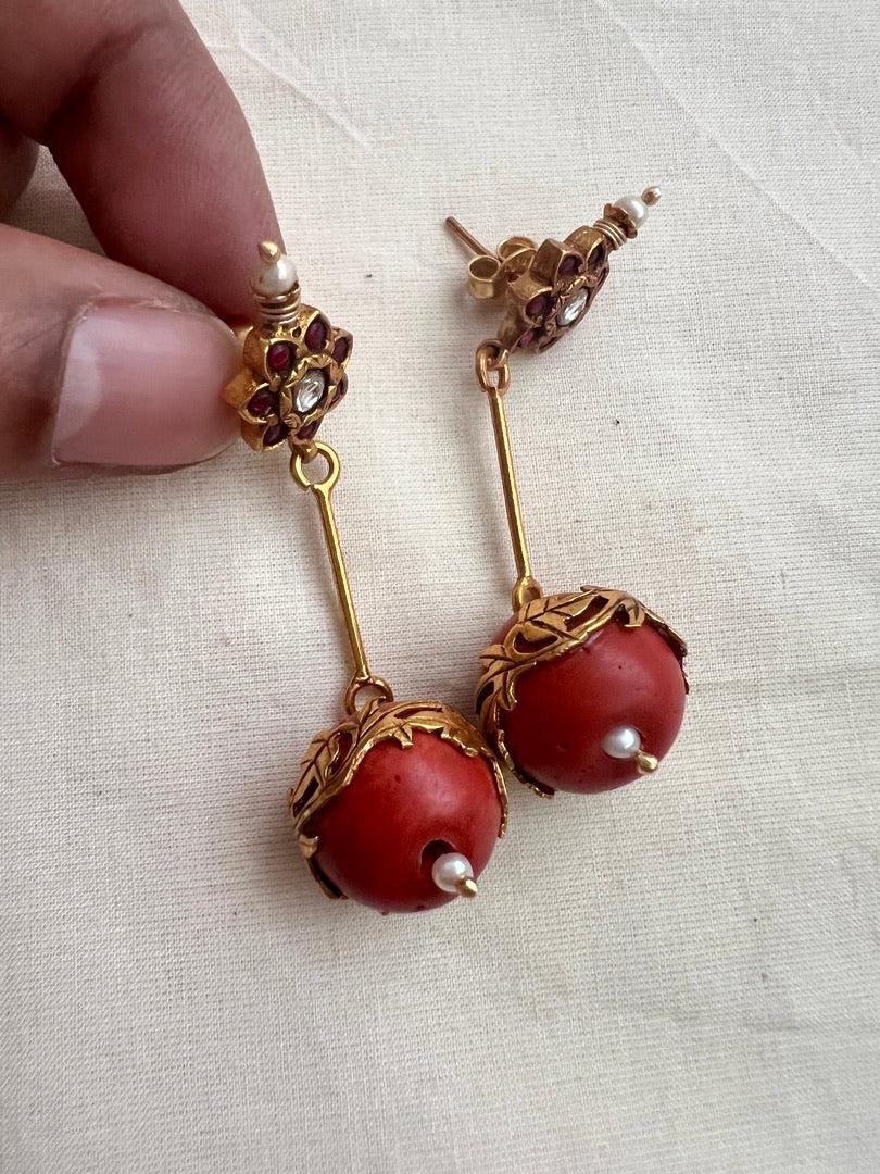 Gold polish ruby stud with coral bead hangings-Earrings-CI-House of Taamara