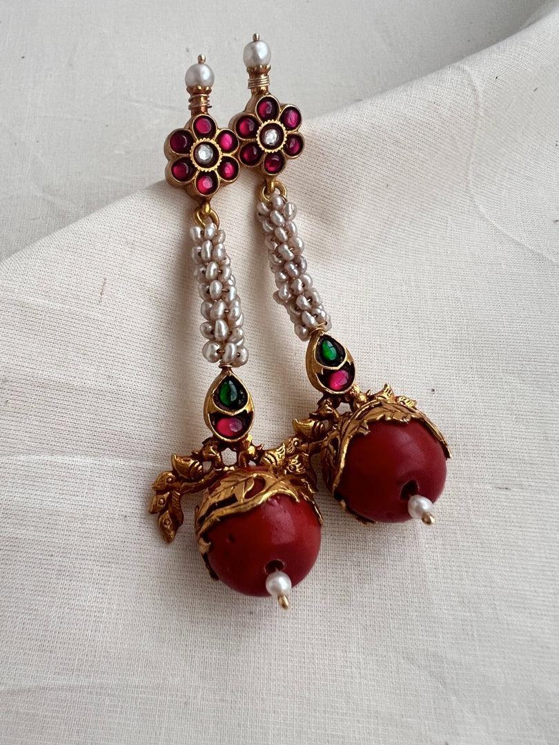 Gold polish ruby stud with coral bead hangings-Earrings-CI-House of Taamara