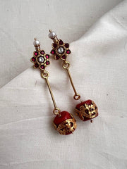 Gold polish ruby stud with coral bead hangings-Earrings-CI-House of Taamara