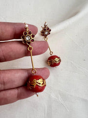 Gold polish ruby stud with coral bead hangings-Earrings-CI-House of Taamara