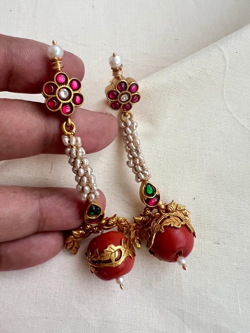 Gold polish ruby stud with coral bead hangings-Earrings-CI-House of Taamara