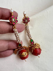 Gold polish ruby stud with coral bead hangings-Earrings-CI-House of Taamara