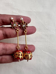 Gold polish ruby stud with coral bead hangings-Earrings-CI-House of Taamara