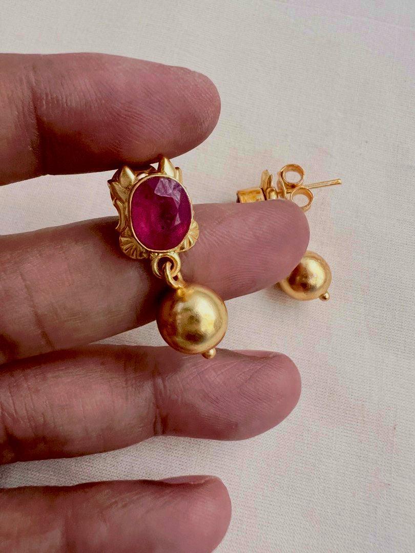 Gold polish ruby studs with gold bead hanging-Earrings-CI-House of Taamara